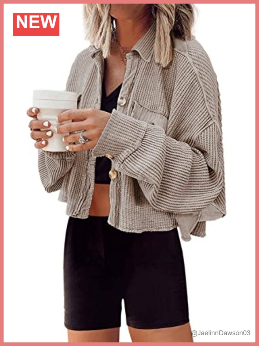 Waffle Knit Cropped Shacket Button Down Oversized Jacket